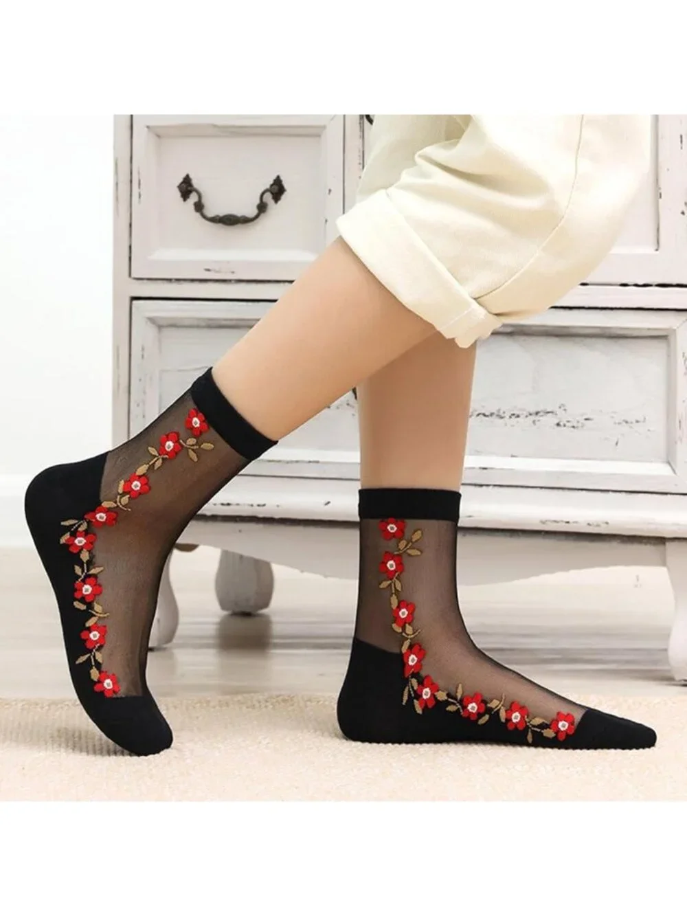 Sheer Mesh Transparent Ankle Socks for Women - Ultra-Thin Lace Fishnet Floral